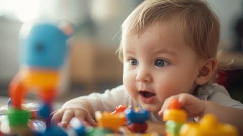 generate a photo for me of a child playing and learning to speak