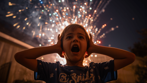 Child covering ears from fireworks